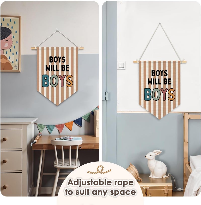 Wheatwin Boy Room Decor, Boys Will Be Boys Wall Hanging Pennant Flag Banner, Neutral Striped Kids Wall Decor for Nursery Toddler Room Bedroom Playroom 15x11 Inch - Image 5